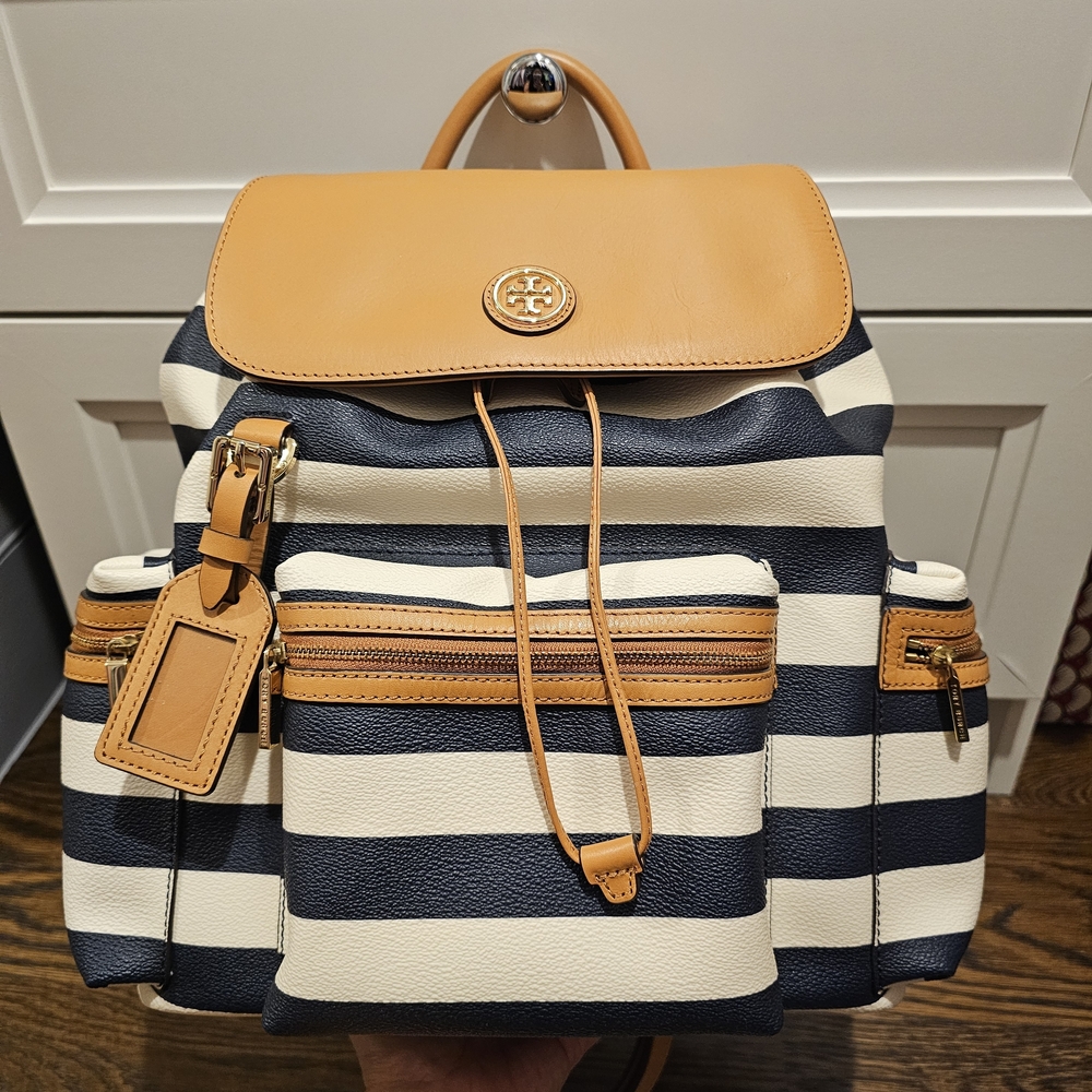 Tory Burch Kerrington Backpack - Navy and Tan Striped